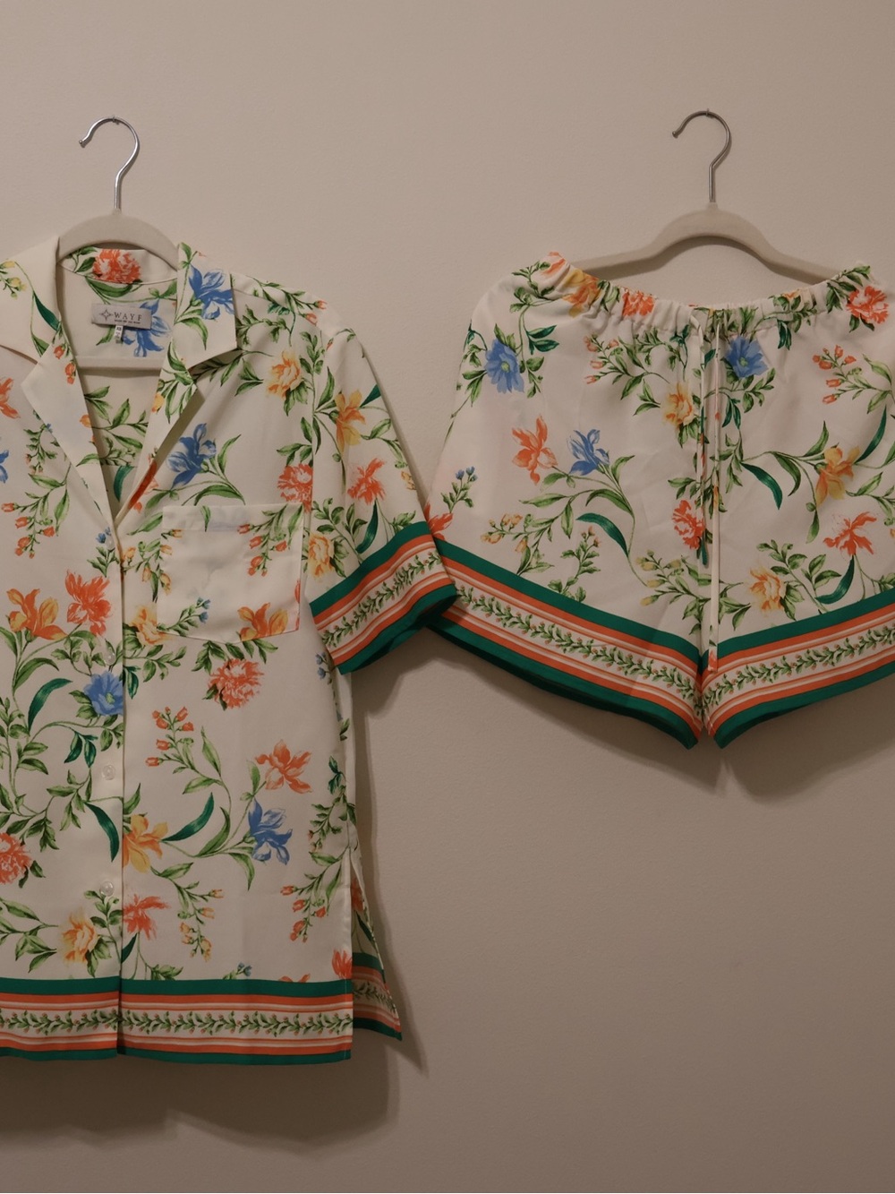 Wayf Floral Button-Up Shirt Set in Cream, Green, Coral, Blue